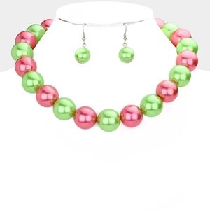 Simple Oversized Green Pink Pearl Necklace Set Jewelry Chunky Round Casual Women